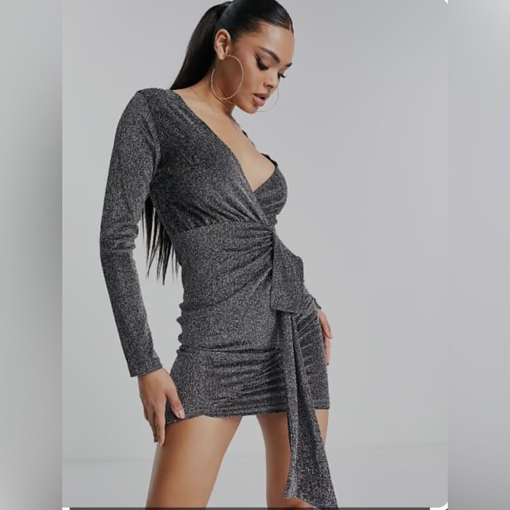 ax paris plunge frill detail mini dress dark glitter grey